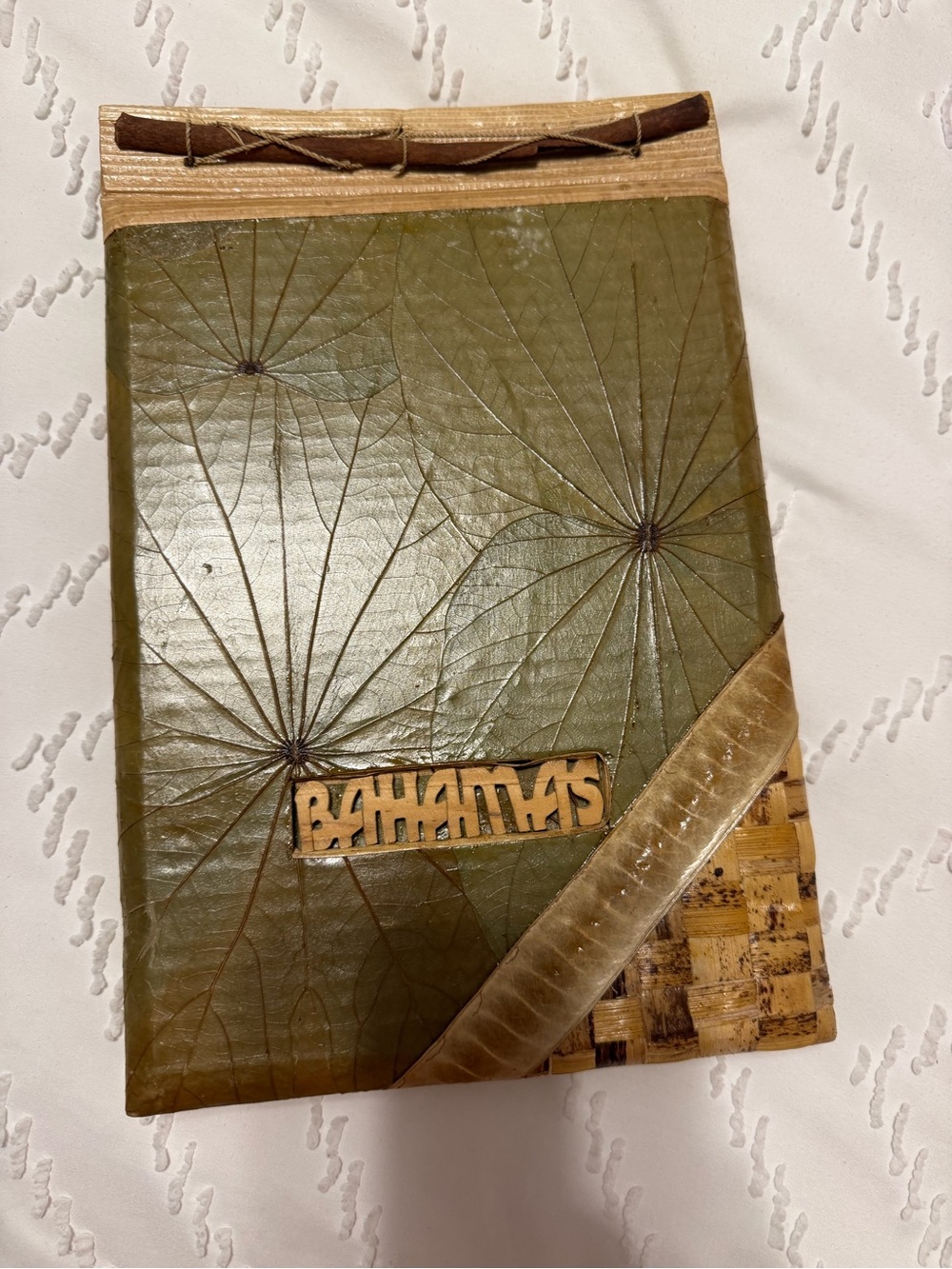 Handmade Green Leaf Cover Photo Album with 'Bahamas' Plaque